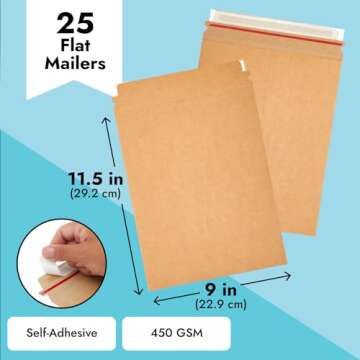 Juvale Stay Flat Rigid Mailers with Self Adhesive Seal, Sturdy Brown Cardboard Envelopes for Shipping Photos, Magazines, Comic Books, Art Prints, Documents, Collectibles 450 gsm (9x11.5") 25-Pack