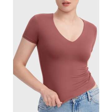 PUMIEY Summer Tops for Women V Neck Short Sleeve T Shirts Sexy Going Out Tops Basic Slim Fit Tee, Marsala X-Large