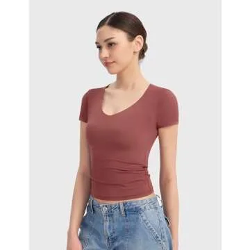 PUMIEY Summer Tops for Women V Neck Short Sleeve T Shirts Sexy Going Out Tops Basic Slim Fit Tee, Marsala X-Large