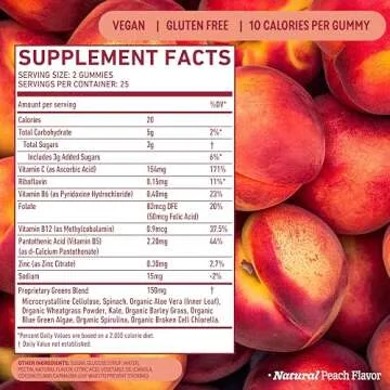 8Greens Supergreens Gummies | Super Greens Powder Superfood Gummy for Metabolism, Immunity & Focus, Digestive Health Enzymes, Organic: Chlorella, Spirulina, Aloe Vera, Peach Flavor, 50 Count