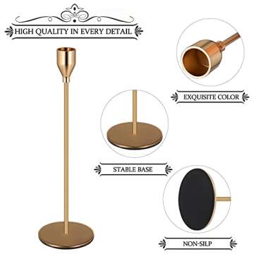 Denique Metal Gold Taper Candle Holder Set of 6 PCS for Table Centerpiece, Gold Candlestick Holders for Home Decor, Wedding, Dining, Party, Fits 3/4 inch Thick Candle&Led Candles