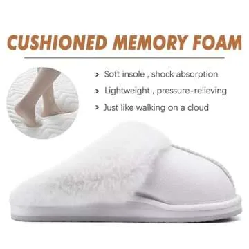 KuaiLu Womens Slippers, Fluff Dual Memory Foam Slippers Ladies Cozy Arch Support Warm Scuff Slippers Slip on Comfy Winter House Shoes with Non-Slip Indoor Outdoor Hard Sole Snow White 11