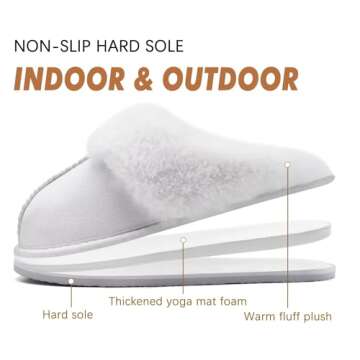 KuaiLu Womens Slippers, Fluff Dual Memory Foam Slippers Ladies Cozy Arch Support Warm Scuff Slippers Slip on Comfy Winter House Shoes with Non-Slip Indoor Outdoor Hard Sole Snow White 11