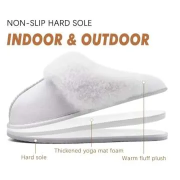 KuaiLu Womens Slippers, Fluff Dual Memory Foam Slippers Ladies Cozy Arch Support Warm Scuff Slippers Slip on Comfy Winter House Shoes with Non-Slip Indoor Outdoor Hard Sole Snow White 11