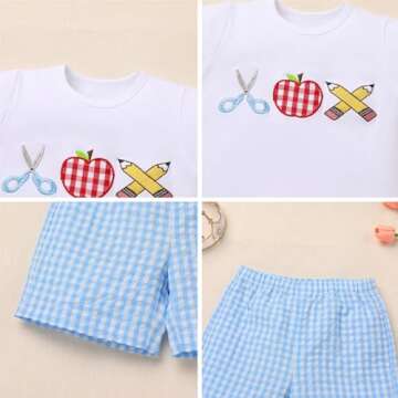 OBEEII Back to School Outfit Toddler Boy Short Sleeve Graphic Shirt and Gingham Shorts First Day of School Summer Clothing Set White+ blue 3-4 T