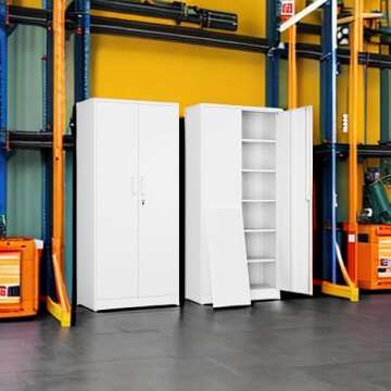 Yizosh Metal Garage Storage Cabinet with 2 Doors and 5 Adjustable Shelves - 71" Steel Lockable File Cabinet,Locking Tool Cabinets for Office,Home,Garage,Gym,School (White)