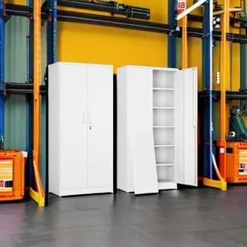 Yizosh Metal Garage Storage Cabinet with 2 Doors and 5 Adjustable Shelves - 71" Steel Lockable File Cabinet,Locking Tool Cabinets for Office,Home,Garage,Gym,School (White)