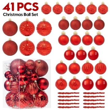 YESPERS 41PCS Shatterproof Red Christmas Ornaments Set