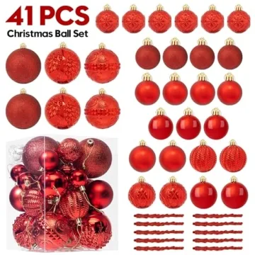 YESPERS 41PCS Shatterproof Red Christmas Ornaments Set