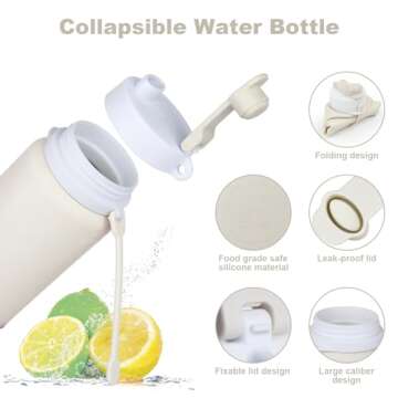 PLTCAT Collapsible Water Bottle, 19oz Foldable Water Bottle BPA Free Reusable Lightweight Leak-Proof Travel Silicone Water Bottle for Travel, Gym, Hiking, Office, Camping(Milk White)
