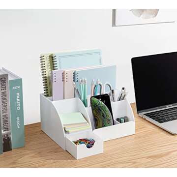 White Desk Organizer, 9 Compartments, Office Supplies and Desk Accessories Organizer, Pen Holder, Office Decor Desktop Organizer (White)