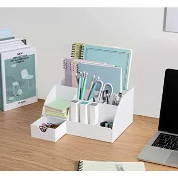 White Desk Organizer, 9 Compartments, Office Supplies and Desk Accessories Organizer, Pen Holder, Office Decor Desktop Organizer (White)