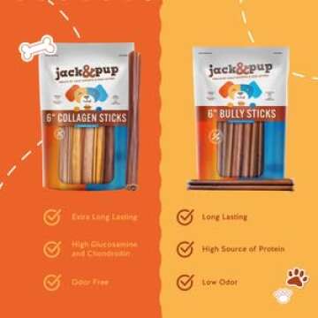 Jack&Pup 6" Beef Collagen Sticks for Healthy Chewing