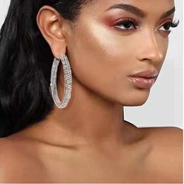 Silver Glitter Hoop Earrings for Women Bohemian Sparkle Resin Rhinestone Wrapped Big Hoop Dangle Earrings Jewelry