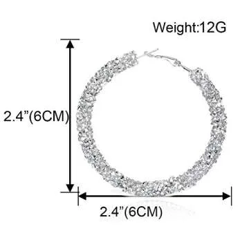 Silver Glitter Hoop Earrings for Women Bohemian Sparkle Resin Rhinestone Wrapped Big Hoop Dangle Earrings Jewelry