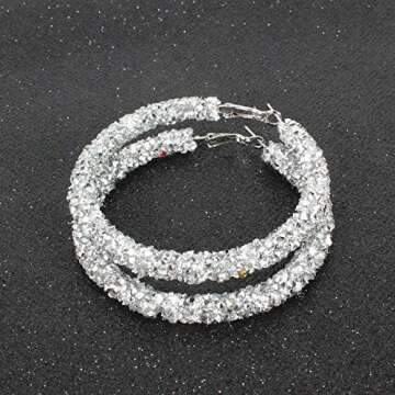 Silver Glitter Hoop Earrings for Women Bohemian Sparkle Resin Rhinestone Wrapped Big Hoop Dangle Earrings Jewelry