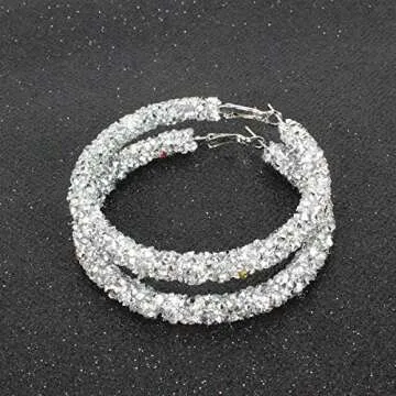 Silver Glitter Hoop Earrings for Women Bohemian Sparkle Resin Rhinestone Wrapped Big Hoop Dangle Earrings Jewelry