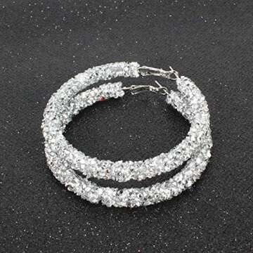 Silver Glitter Hoop Earrings for Women Bohemian Sparkle Resin Rhinestone Wrapped Big Hoop Dangle Earrings Jewelry