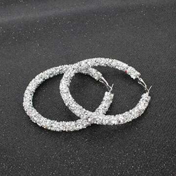 Silver Glitter Hoop Earrings for Women Bohemian Sparkle Resin Rhinestone Wrapped Big Hoop Dangle Earrings Jewelry