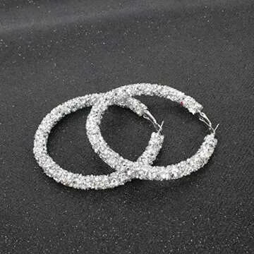 Silver Glitter Hoop Earrings for Women Bohemian Sparkle Resin Rhinestone Wrapped Big Hoop Dangle Earrings Jewelry