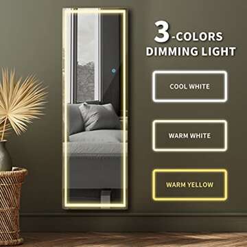 GOME LED Full Length Lighted Mirror, 63"x20" Large Free Standing Floor Mirror with Lights, Rectangle Wall Mounted Hanging Dimming Mirror, Full-Size Dressing Mirror for Bedroom, Burst-Proof (Gold)