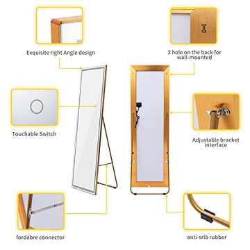 GOME LED Full Length Lighted Mirror, 63"x20" Large Free Standing Floor Mirror with Lights, Rectangle Wall Mounted Hanging Dimming Mirror, Full-Size Dressing Mirror for Bedroom, Burst-Proof (Gold)