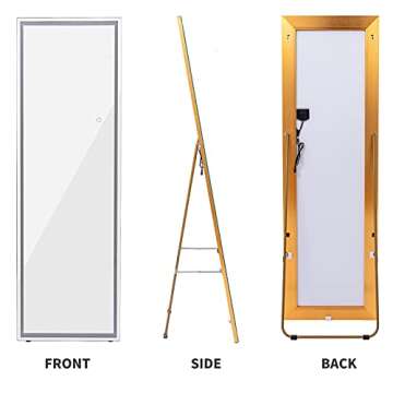 GOME LED Full Length Lighted Mirror, 63"x20" Large Free Standing Floor Mirror with Lights, Rectangle Wall Mounted Hanging Dimming Mirror, Full-Size Dressing Mirror for Bedroom, Burst-Proof (Gold)