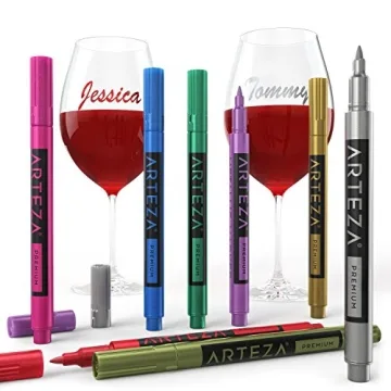 ARTEZA Wine Glass Markers Set - 8 Washable Metallic Pens