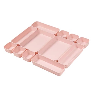Backerysupply 12-Piece Pink Plastic Desk Drawer Organizers Set for Makeup, Bathroom, Office, Kitchen...