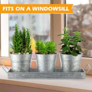 Wenqik 2 Sets Herb Garden Planter Pot Set with Tray Metal Windowsill Plant Pot with Drainage Farmhouse Decorative Live Herb Garden Kit for Home Kitchen Indoor Outdoor Apartment Balcony Window(Silver)