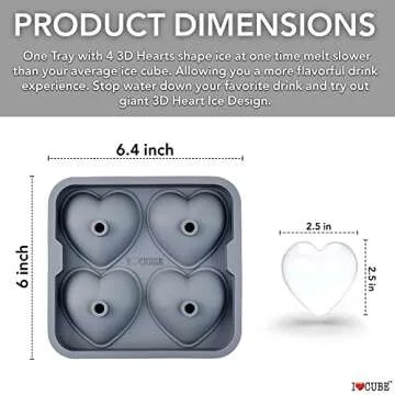 3D Heart Silicone Mold for Ice, Baking, Soap, and Resin | 2.5 Inch Large Heart Shape Cube Tray, Larg...