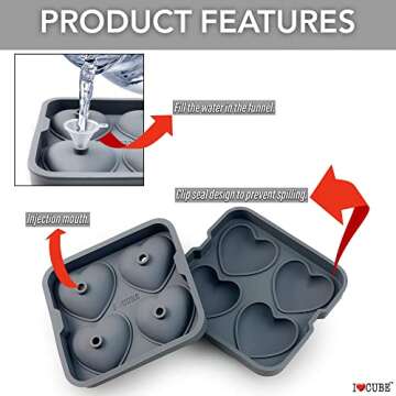3D Heart Silicone Mold for Ice, Baking, Soap, and Resin | 2.5 Inch Large Heart Shape Cube Tray, Large Big Heart Molds, Chocolate Mold, Craft Ice Cube Mold for Cocktails, Beverages, Iced Tea Coffee