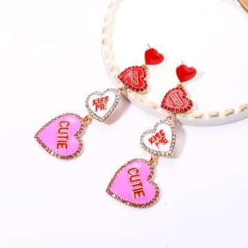 Valentine's Day Earrings for Women Rhinestone Enamel Heart Earrings XOXO CUTIE BE MINE Love Candy He...
