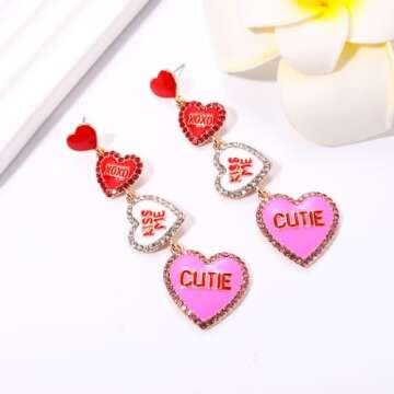 Valentine's Day Earrings for Women Rhinestone Enamel Heart Earrings XOXO CUTIE BE MINE Love Candy Heart Dangle Earrings Valentine's day Gifts for Her (Red XOXO)