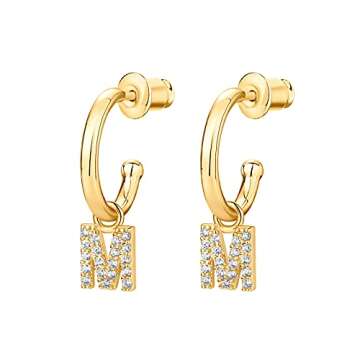 PAVOI 14K Yellow Gold Plated 925 Sterling Silver Post Huggie Earring With Initial Dangle - CZ Initial Huggie Hoop Earrings - Womens Cubic Zirconia "M"