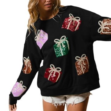 Adoeren Women Christmas Glitter Sweatshirt Sequined Sleeve Crewneck Pullover Top Sparkly Graphic Fun...