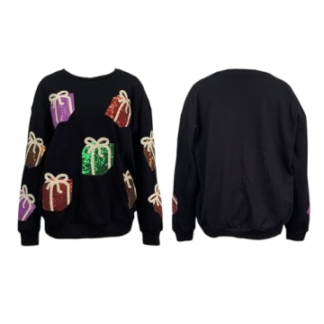 Adoeren Women Christmas Glitter Sweatshirt Sequined Sleeve Crewneck Pullover Top Sparkly Graphic Funny Xmas Holiday Santa Shirts(Gifts Black,S)