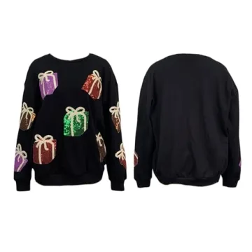 Adoeren Women Christmas Glitter Sweatshirt Sequined Sleeve Crewneck Pullover Top Sparkly Graphic Funny Xmas Holiday Santa Shirts(Gifts Black,S)