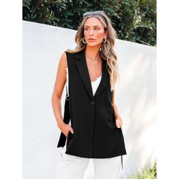MASCOMODA Womens Fashion 2025 Sleeveless Blazer Vest Spring Casual Open Front Lapel V Neck Office Waistcoat Long Vests(Black,Small)