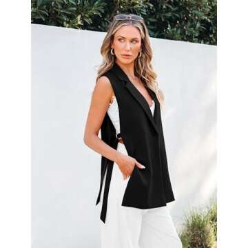 MASCOMODA Womens Fashion 2025 Sleeveless Blazer Vest Spring Casual Open Front Lapel V Neck Office Waistcoat Long Vests(Black,Small)