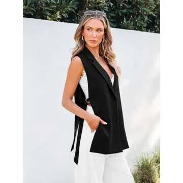 MASCOMODA Womens Fashion 2025 Sleeveless Blazer Vest Spring Casual Open Front Lapel V Neck Office Waistcoat Long Vests(Black,Small)