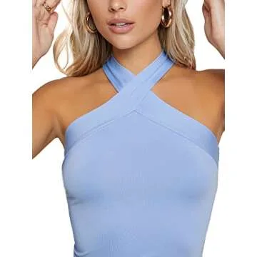 Verdusa Women's Casual Crisscross Sleeveless Form Fitting Tank Halter Top Blue M