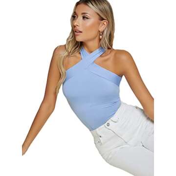 Verdusa Women's Casual Crisscross Sleeveless Form Fitting Tank Halter Top Blue M