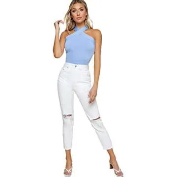 Verdusa Women's Casual Crisscross Sleeveless Form Fitting Tank Halter Top Blue M