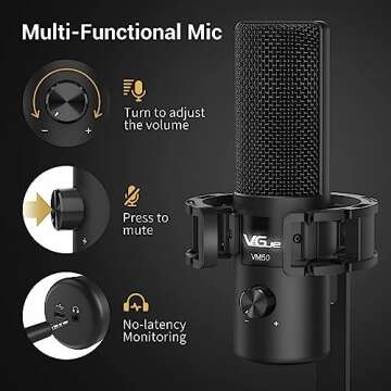 VeGue USB Microphone, Computer Cardioid Condenser PC Gaming Mic for Gaming, Streaming, Podcasting, YouTube, Voice Over, Twitch, with Gain Control，Pop Filter, Shock Mount, All Metal Desktop Mic
