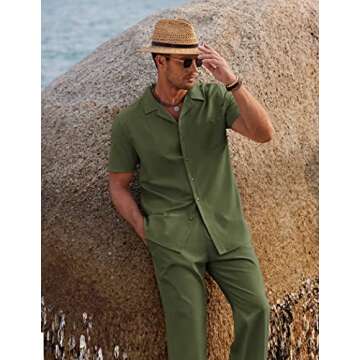 COOFANDY Men Beach Linen Outfits Sets 2 Piece Cuba Guayabera Shirts Summer Island Sets