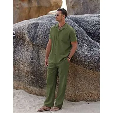 COOFANDY Men Beach Linen Outfits Sets 2 Piece Cuba Guayabera Shirts Summer Island Sets