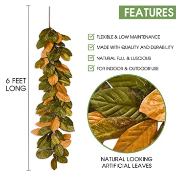 Vita Domi 6ft Magnolia Leaf Garland for Elegant Decor