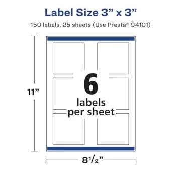Avery Matte White Square Labels with Sure Feed, 3" x 3", 150 Matte White Printable Labels