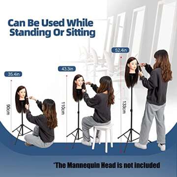 GOODOFFER PLACE Wig Head Stand Metal Mannequin Head Tripod Stand Adjustable with Carrying Bag,30pc T-PIN for Maniquins Head Manikin Head Training Canvas Block Head Hairextension Cosmetology